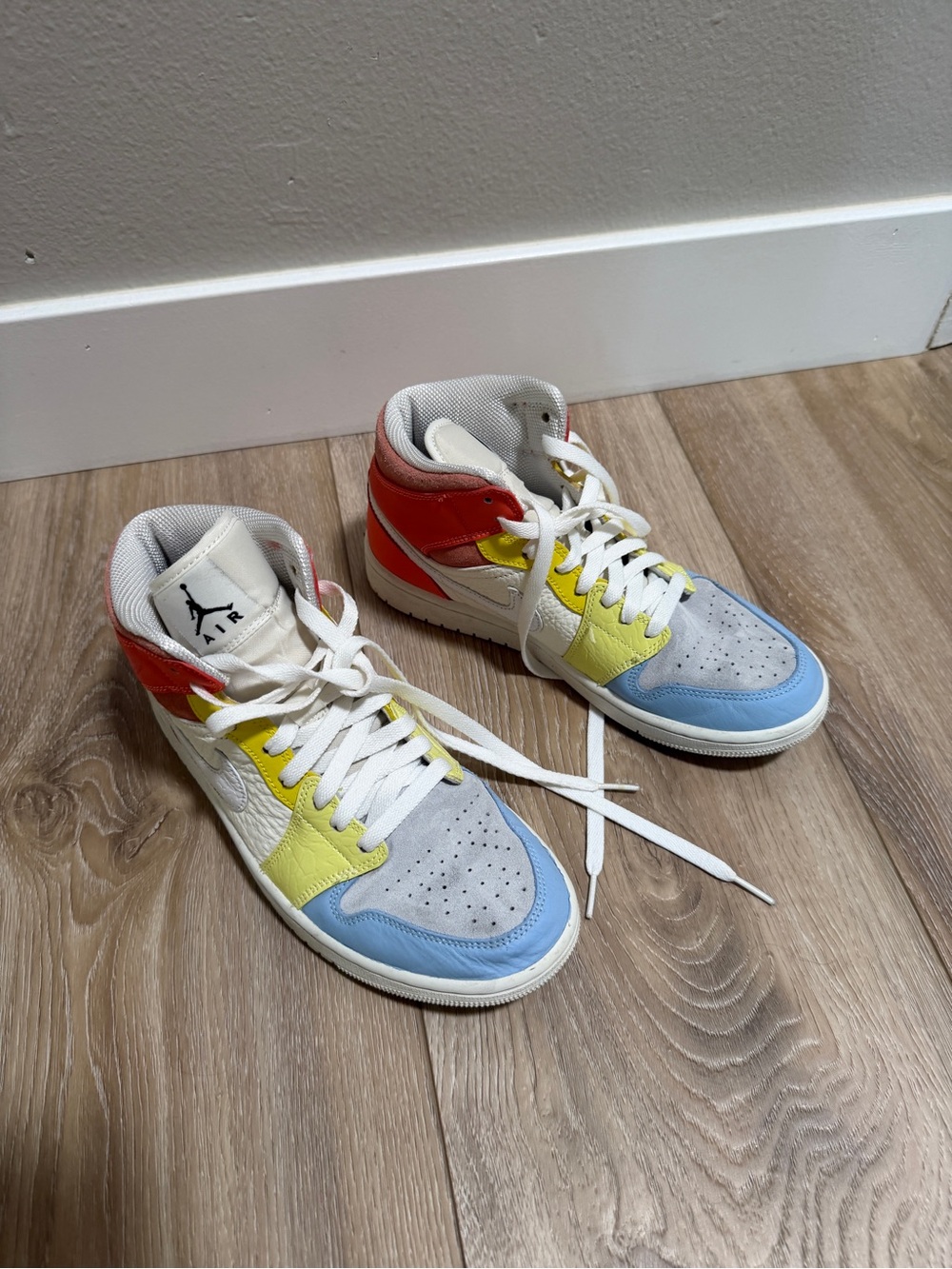 Nike Air Jordan 1 Mid-Top Multicolor Sneakers - White/Blue/Yellow/Red